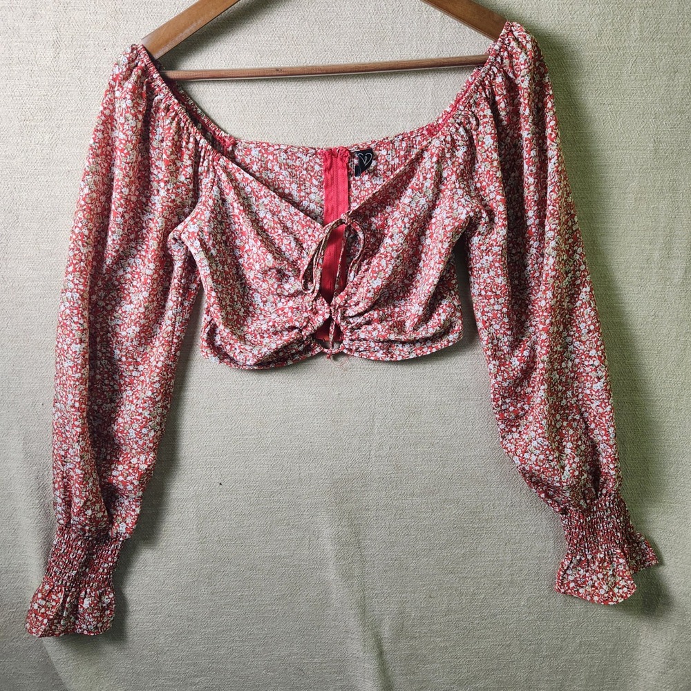 Windsor Womens XS Red Floral Ditsy Crop Top Long Sleeve Off Shoulder Front Tie